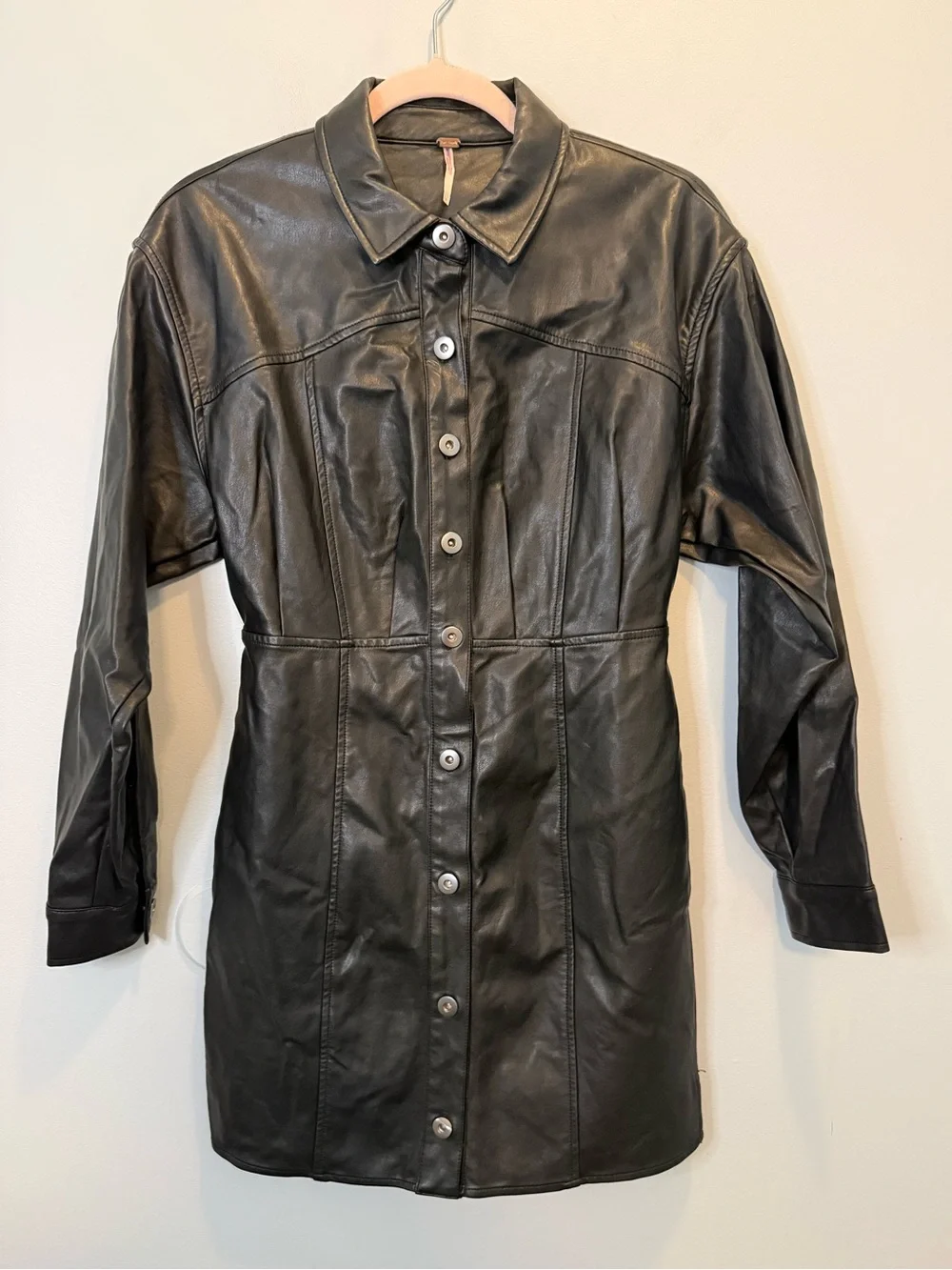 Free People Amber Vegan Leather Button Front Long Sleeve Mini Dress Black Size 4